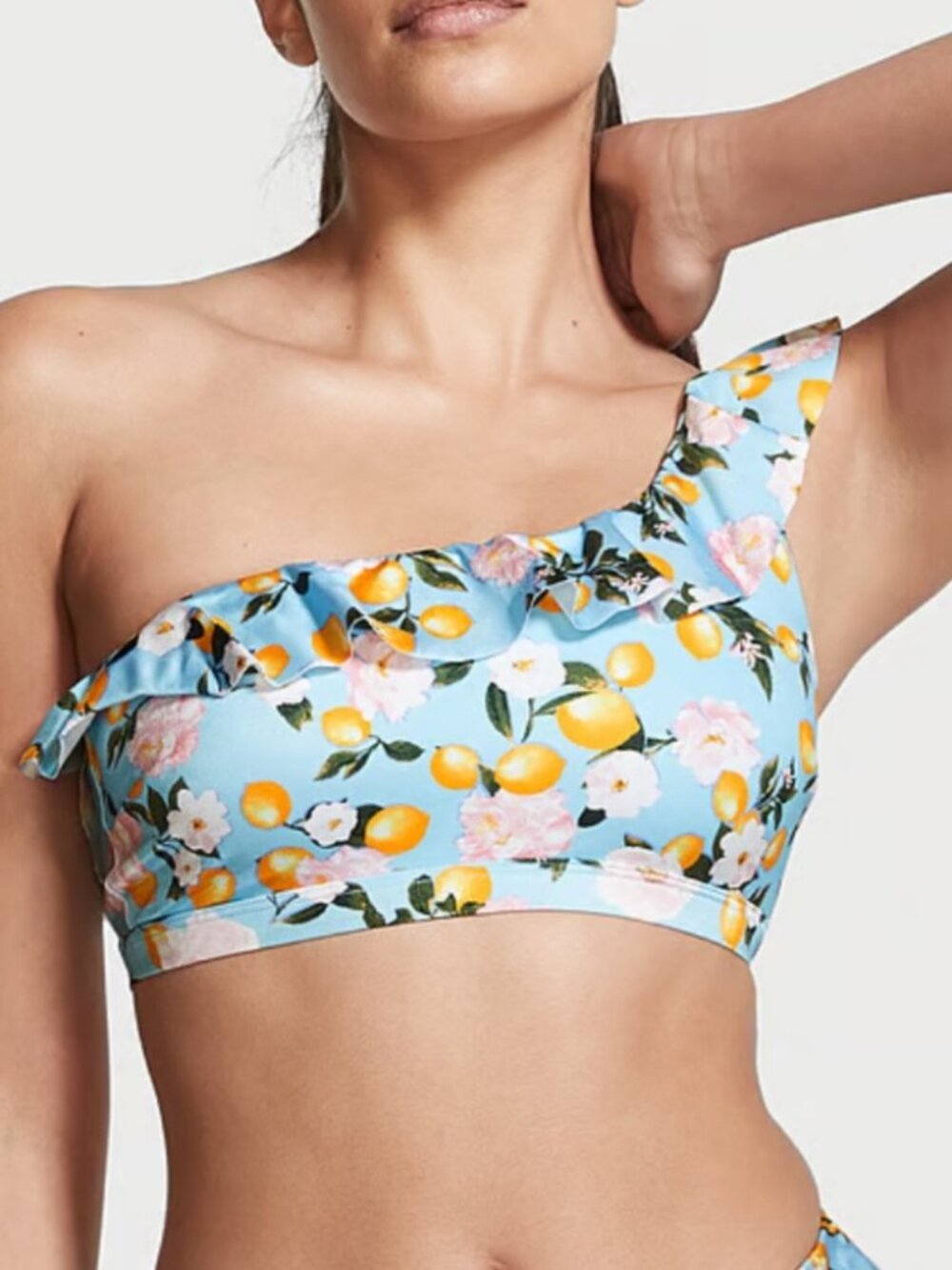 Victoria's Secret Ruffle One-Shoulder Blue Floral Lemon Bikini Top